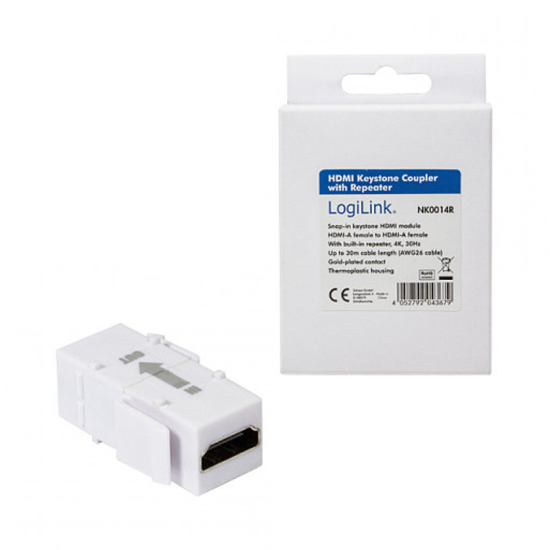 LogiLink NK0014R HDMI-keystonekoppeling A/F naar HDMI A/F, 4K/30 Hz, repeater, wit