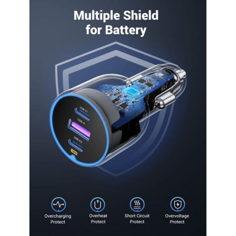 Ugreen EC705 autolader, USB + 2x USB-C, 130 W, met 1 m 5 A-kabel