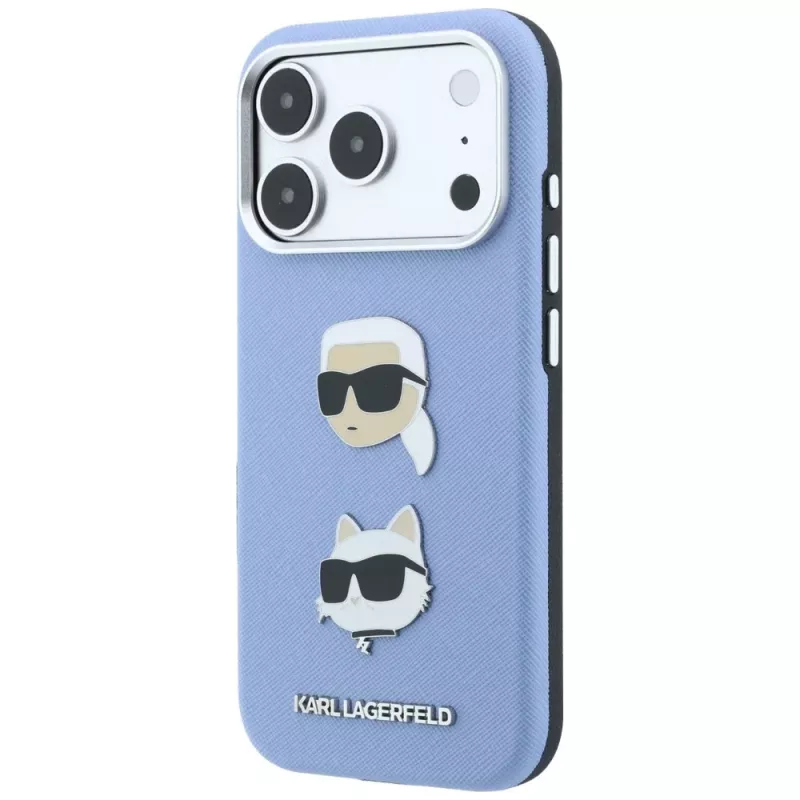 Karl Lagerfeld KF003247 Saffiano met Karl & Choupette Heads Pins & Logo hoesje voor iPhone 18 Pro / 17 Pro, lichtblauw