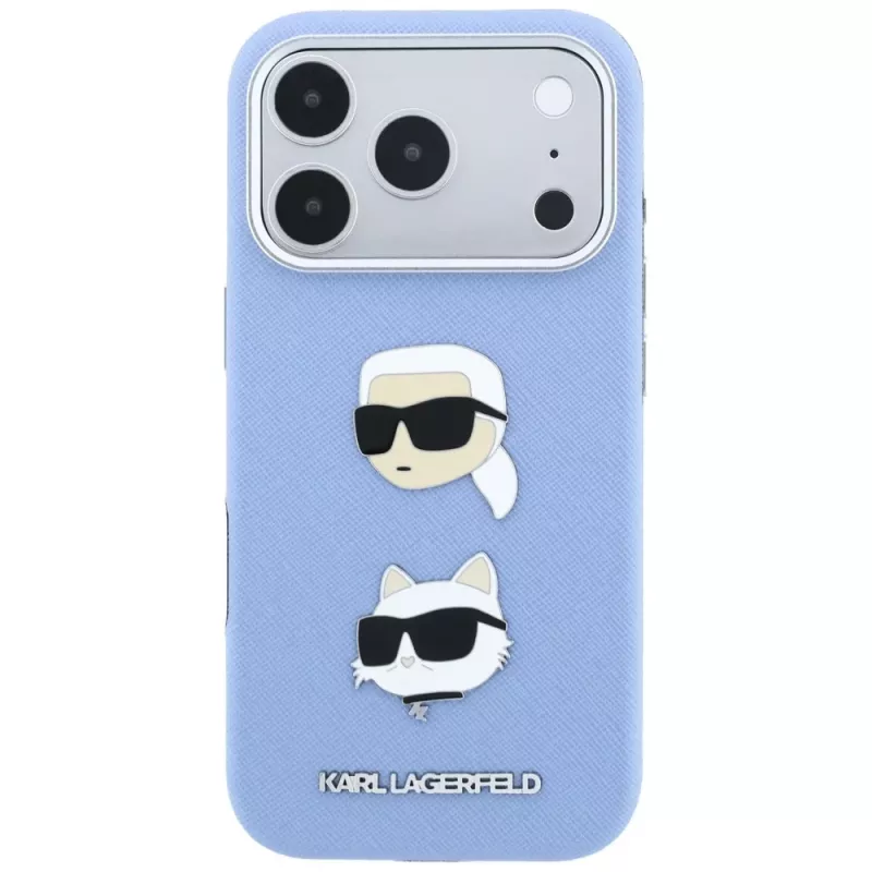 Karl Lagerfeld KF003247 Saffiano met Karl & Choupette Heads Pins & Logo hoesje voor iPhone 18 Pro / 17 Pro, lichtblauw