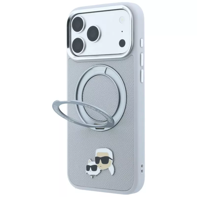 Karl Lagerfeld KF003229 hoesje met 360 ringstandaard Karl & Choupette Heads Pin MagSafe voor iPhone 18 Pro / 17 Pro, grijs