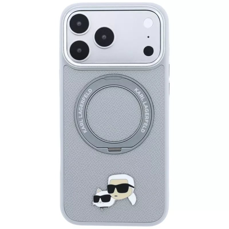 Karl Lagerfeld KF003229 hoesje met 360 ringstandaard Karl & Choupette Heads Pin MagSafe voor iPhone 18 Pro / 17 Pro, grijs
