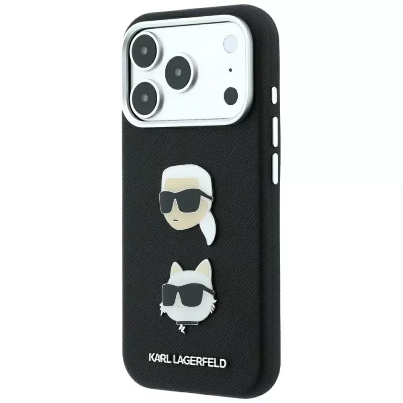 Karl Lagerfeld KF003249 Saffiano with Karl & Choupette Heads Pins & Logo hoesje voor iPhone 18 Pro / 17 Pro, zwart