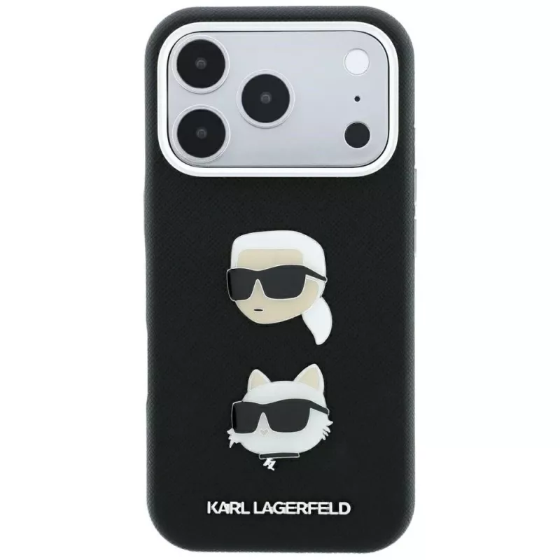 Karl Lagerfeld KF003249 Saffiano with Karl & Choupette Heads Pins & Logo hoesje voor iPhone 18 Pro / 17 Pro, zwart