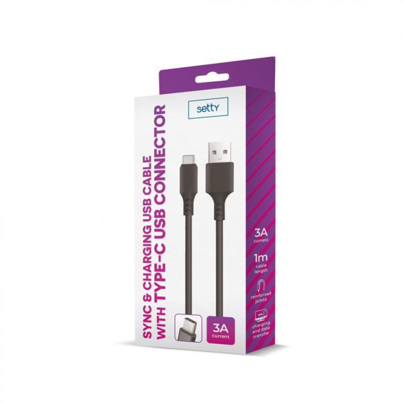 Setty USB-A naar USB-C-kabel, 1 m, 3 A, zwart