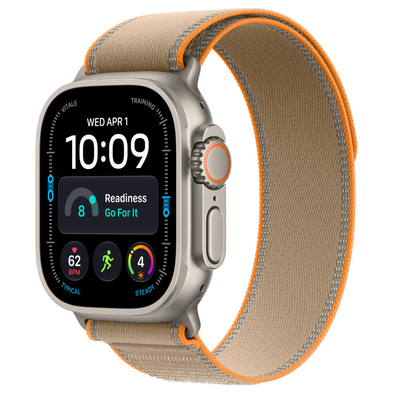 Apple Watch Ultra 4 GPS + Cellular 49 mm smartwatch, titanium behuizing in naturel, Trail Loop-band in zand, S/M, MJAJ4QF/A