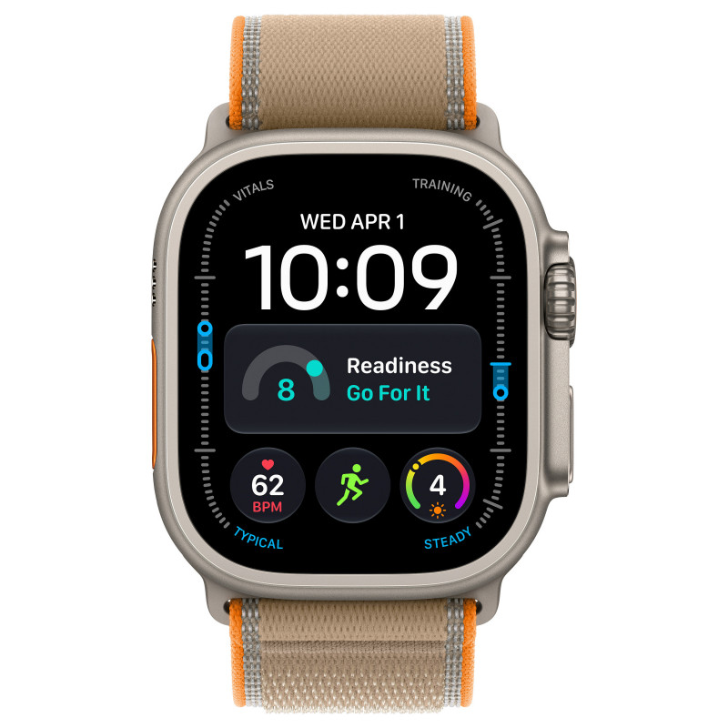 Apple Watch Ultra 4 GPS + Cellular 49 mm smartwatch, titanium behuizing in naturel, Trail Loop-band in zand, S/M, MJAJ4QF/A