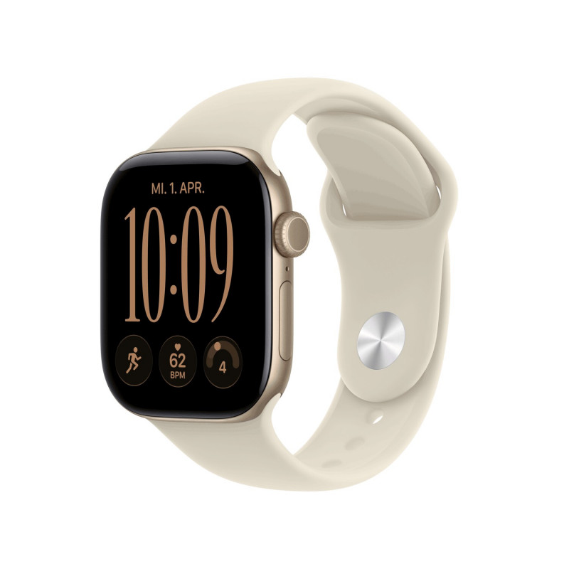Apple Watch Series 12 GPS + Cellular 42 mm smartwatch, aluminium behuizing in lichtgoud, sportband in zand, M/L, MJG34ZR/A