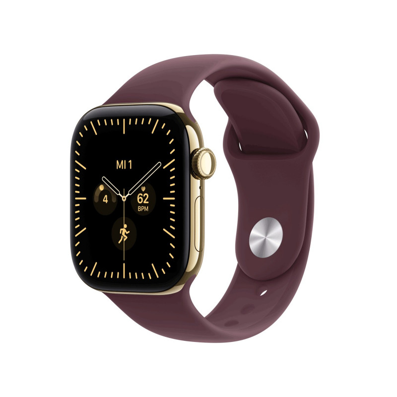 Apple Watch Series 12 GPS + Cellular 42 mm, titanium behuizing in stralend goud, sportband in bordeauxrood, M/L