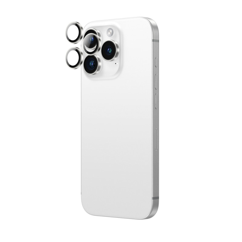 AmazingThing AR Aluminum 3 Lens Glass cameralensbeschermer met frame voor iPhone 16 Pro / 16 Pro Max, zilver