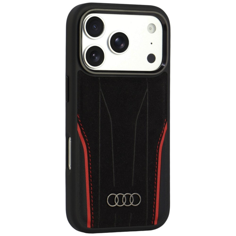 Audi R8 Genuine Leather MagSafe hoesje van echt leer voor iPhone 18 Pro / 17 Pro, zwart en rood (AUDI000239)
