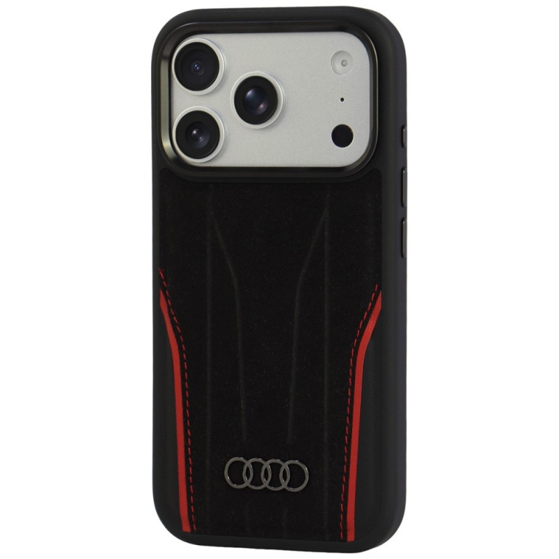 Audi R8 Genuine Leather MagSafe hoesje van echt leer voor iPhone 18 Pro / 17 Pro, zwart en rood (AUDI000239)