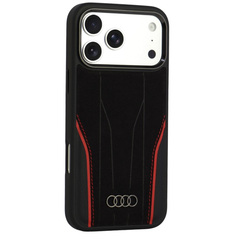 Audi R8 Genuine Leather MagSafe hoesje van echt leer voor iPhone 18 Pro Max / 17 Pro Max, zwart en rood (AUDI000240)