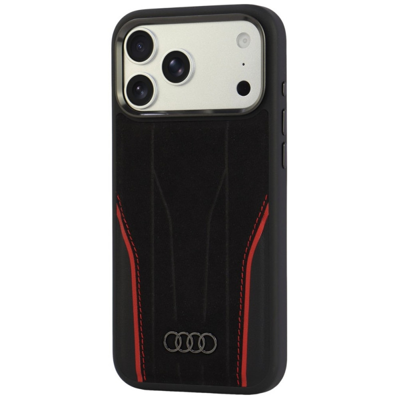 Audi R8 Genuine Leather MagSafe hoesje van echt leer voor iPhone 18 Pro Max / 17 Pro Max, zwart en rood (AUDI000240)