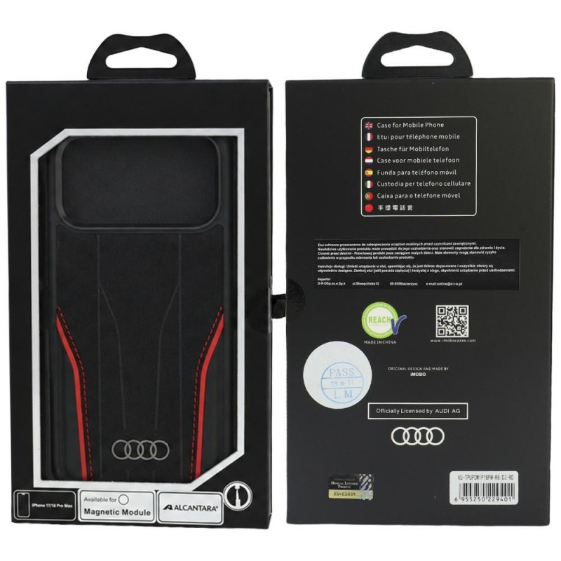Audi R8 Genuine Leather MagSafe hoesje van echt leer voor iPhone 18 Pro Max / 17 Pro Max, zwart en rood (AUDI000240)