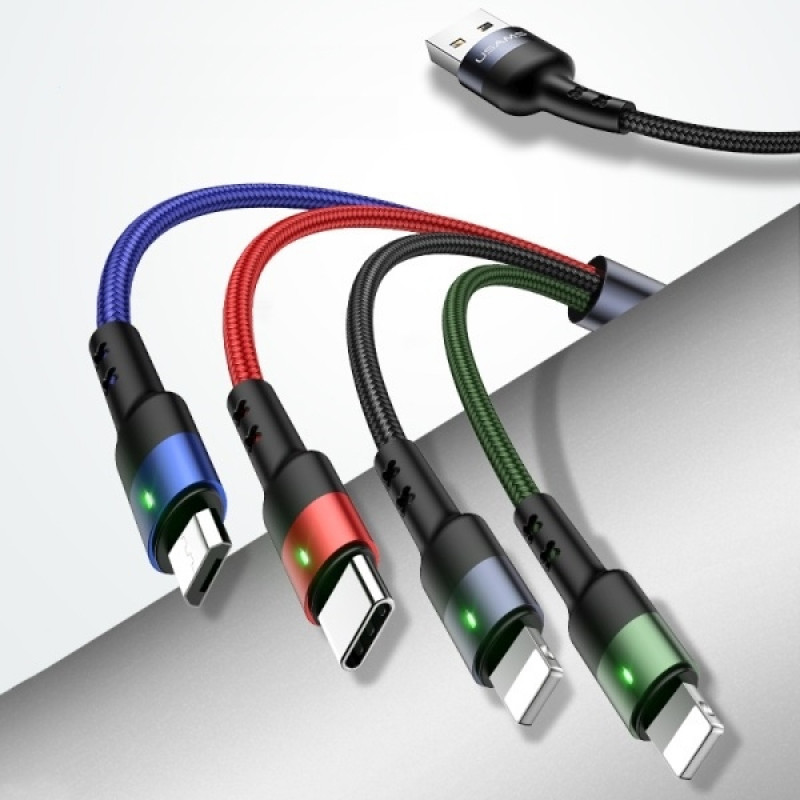 USAMS U26 SJ413USB01 (US-SJ413) 4-in-1 gevlochten nylon kabel, 3 m, 2 A (2x Lightning/microUSB/USB-C)
