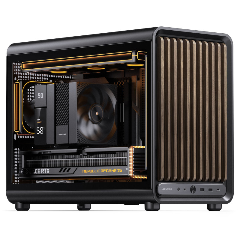 Jonsbo D33 Wood pc-behuizing, Micro-ATX, mATX, gehard glas, zwart, hout