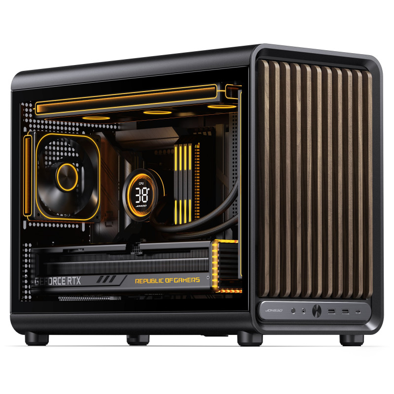 Jonsbo D33 Wood pc-behuizing, Micro-ATX, mATX, gehard glas, zwart, hout