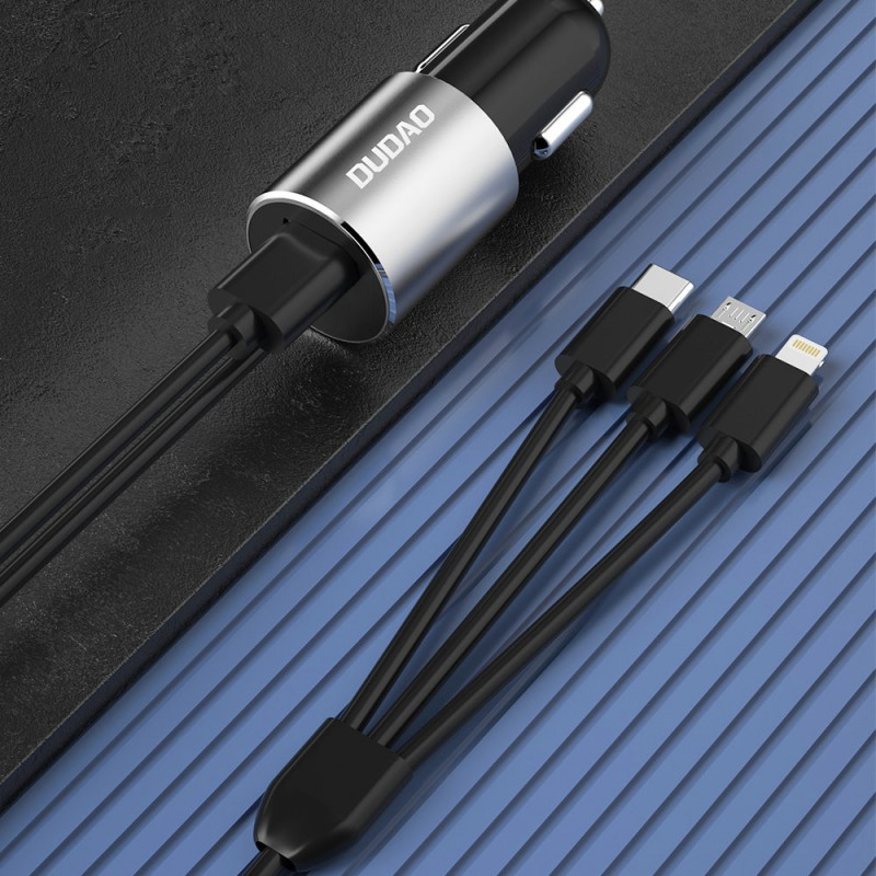 Dudao R5ProN autolader met ingebouwde 3-in-1-kabel (Lightning / USB-C / micro-USB), 3,4 A, 1 m, zwart