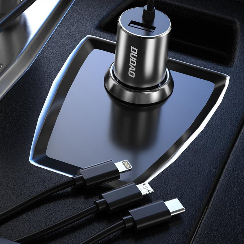 Dudao R5ProN autolader met ingebouwde 3-in-1-kabel (Lightning / USB-C / micro-USB), 3,4 A, 1 m, zwart