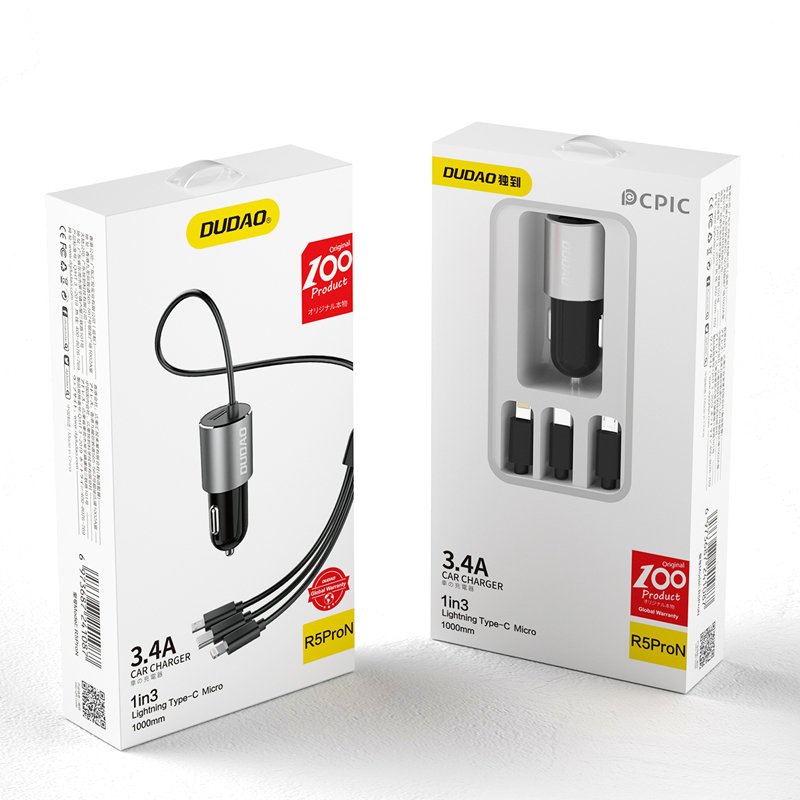 Dudao R5ProN autolader met ingebouwde 3-in-1-kabel (Lightning / USB-C / micro-USB), 3,4 A, 1 m, zwart