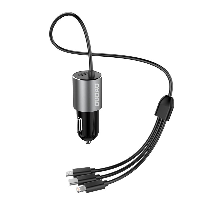 Dudao R5ProN autolader met ingebouwde 3-in-1-kabel (Lightning / USB-C / micro-USB), 3,4 A, 1 m, zwart
