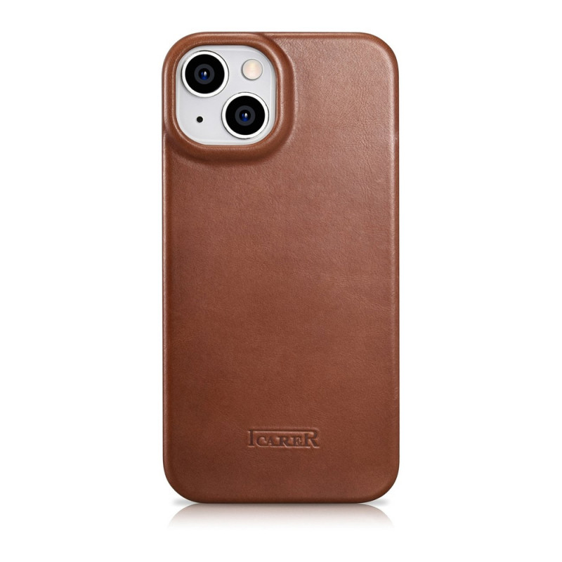 iCarer CE Oil Wax Premium Leather Folio Case magnetisch flipcase voor iPhone 14 Plus, MagSafe, bruin (AKI14220707-BN)