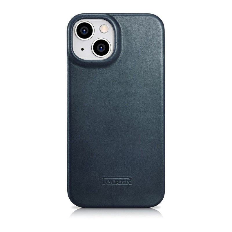 iCarer CE Oil Wax Premium Leather Folio Case magnetisch flipcase voor iPhone 14 Plus, MagSafe, blauw (AKI14220707-BU)