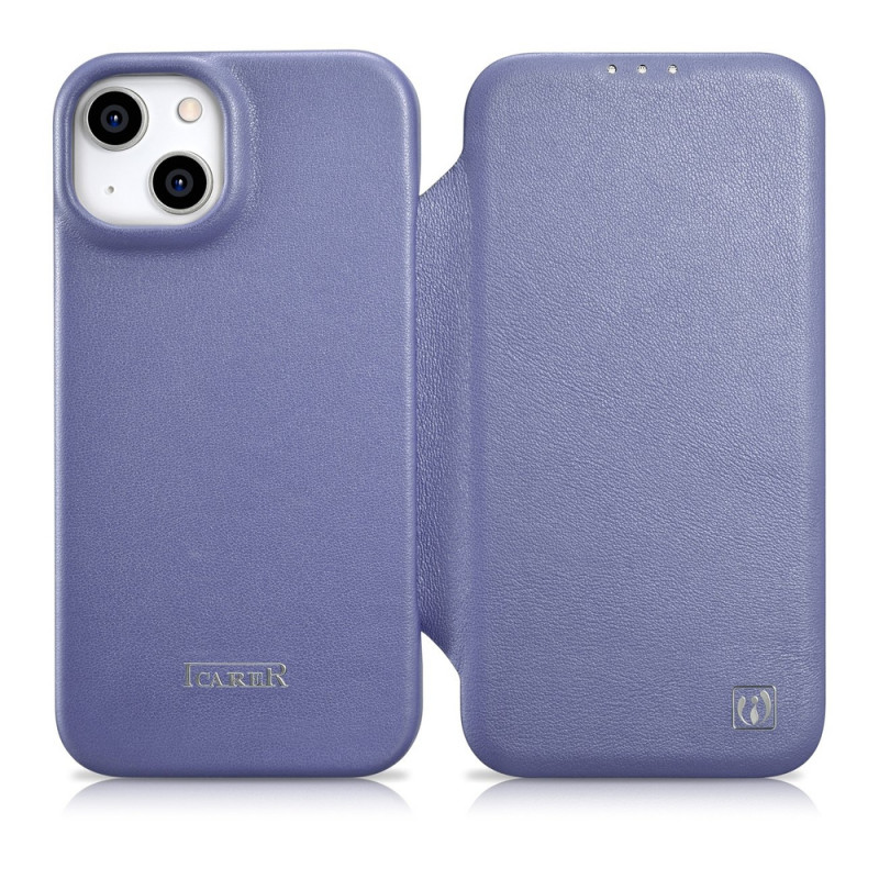 iCarer CE Premium Leather Folio Case leren flipcase voor Apple iPhone 14 Plus / 15 Plus, MagSafe, lichtpaars (ICR413)