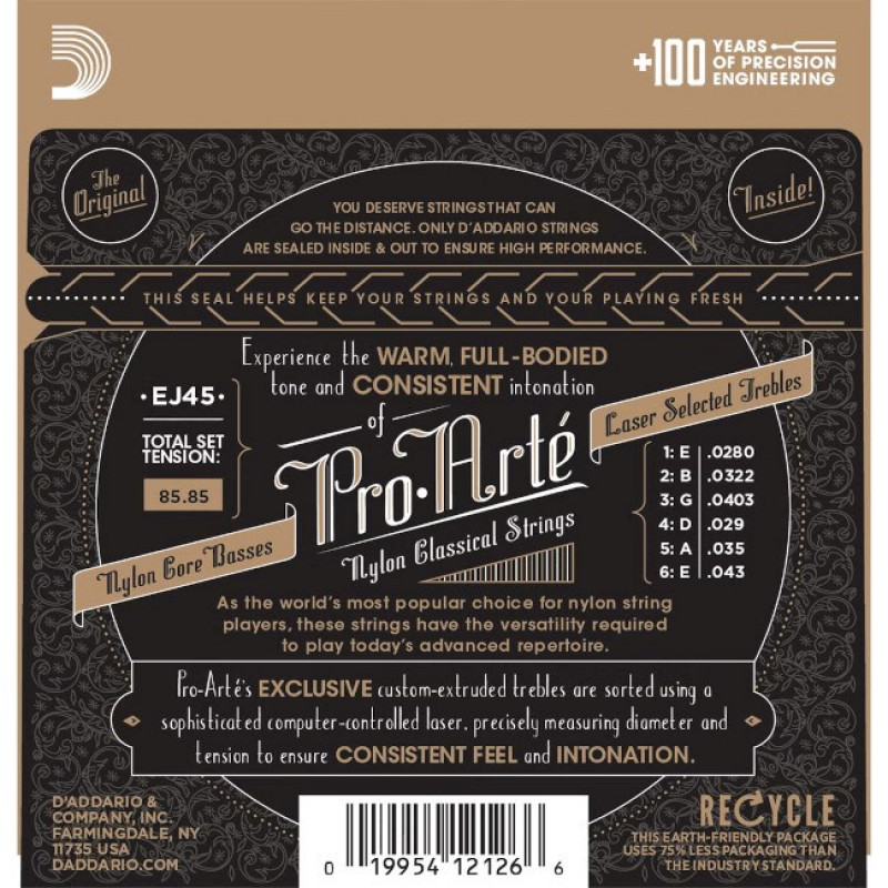 D'Addario EJ45 Pro-Arté nylon snaren voor klassieke gitaar, normale spanning, 28-43