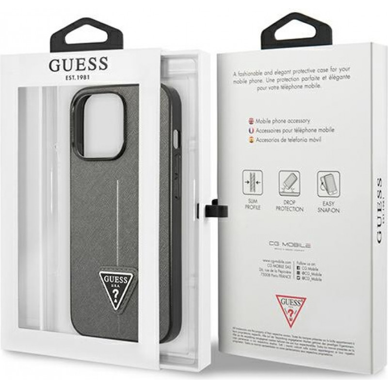 Guess GUHCP13LPSATLG hardcase-hoesje voor Apple iPhone 13 Pro, Saffiano Triangle Logo, zilver