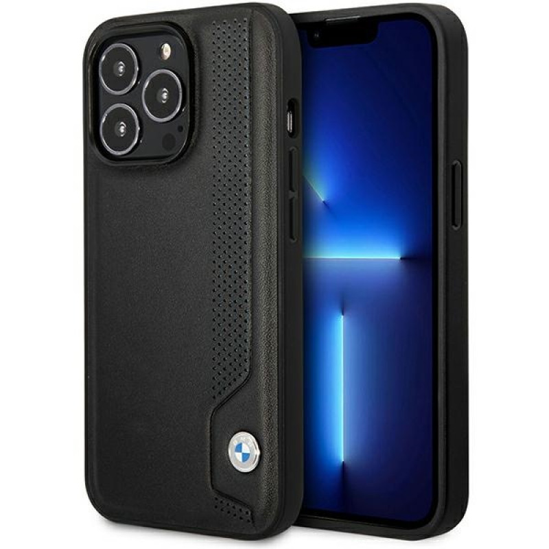 BMW BMHCP14L22RBDK Leather Blue Dots harde hoes voor iPhone 14 Pro 6,1", zwart