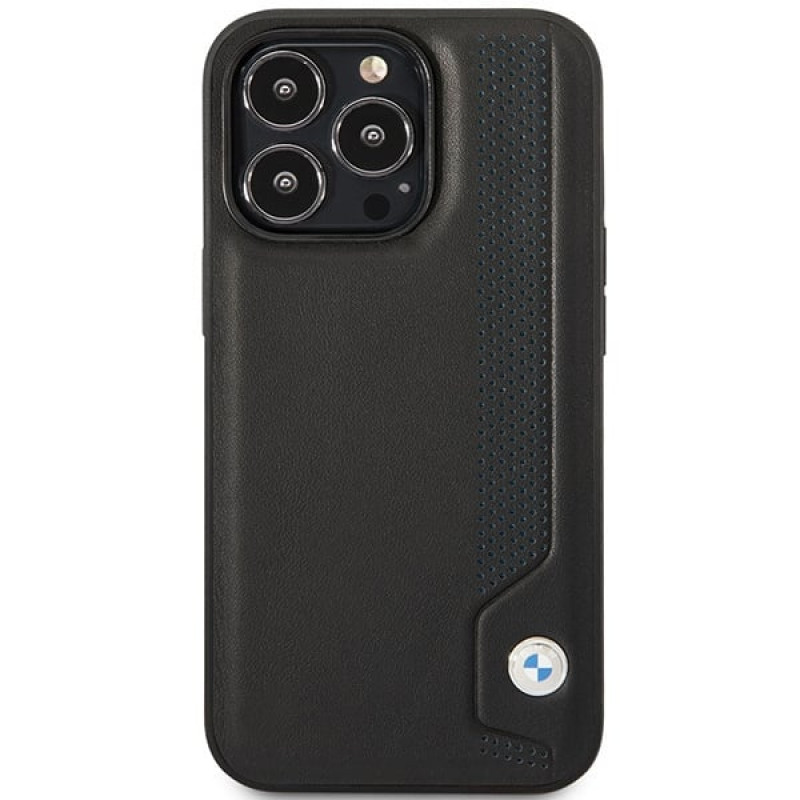 BMW BMHCP14L22RBDK Leather Blue Dots harde hoes voor iPhone 14 Pro 6,1", zwart
