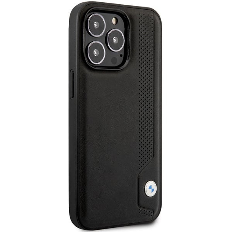 BMW BMHCP14L22RBDK Leather Blue Dots harde hoes voor iPhone 14 Pro 6,1", zwart