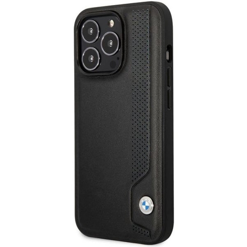 BMW BMHCP14X22RBDK Leather Blue Dots harde hoes voor iPhone 14 Pro Max 6,7", zwart