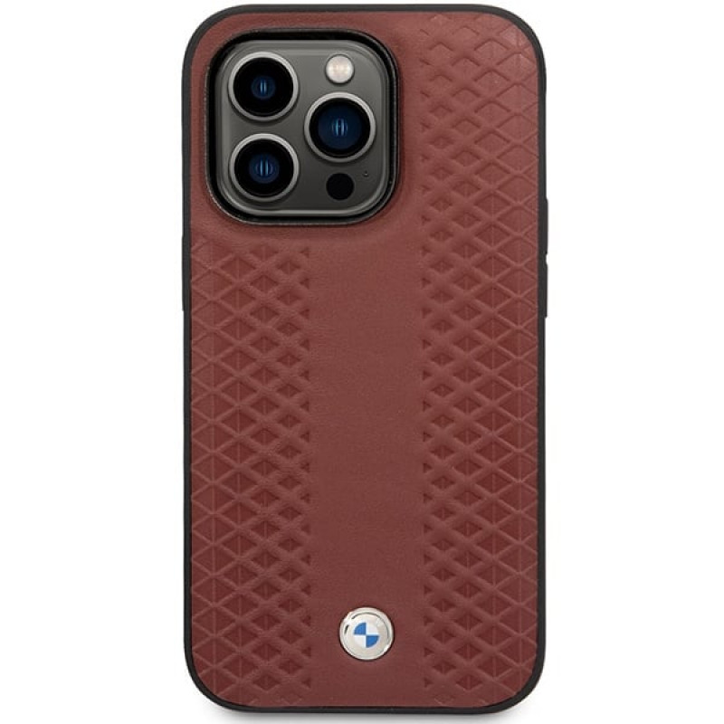 BMW BMHCP14L22RFGR Leather Diamond Pattern harde hoes voor iPhone 14 Pro 6,1", bordeauxrood