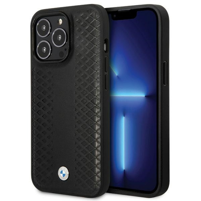 BMW BMHCP14L22RFGK Leather Diamond Pattern harde hoes voor iPhone 14 Pro 6,1", zwart