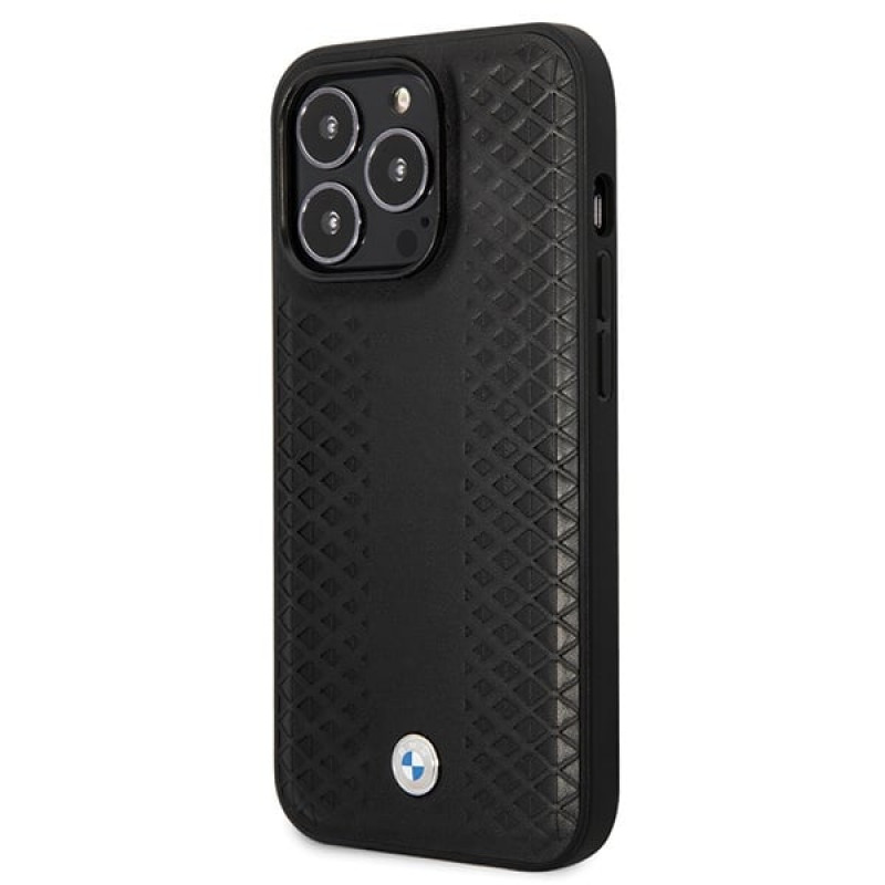 BMW BMHCP14L22RFGK Leather Diamond Pattern harde hoes voor iPhone 14 Pro 6,1", zwart