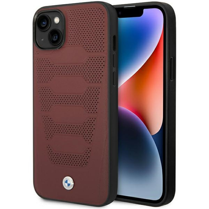 BMW BMHCP14S22RPSR hoesje voor iPhone 14, bordeaux, Leather Seats Pattern