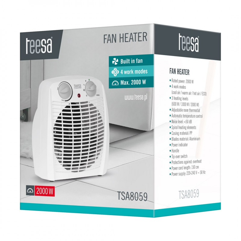 Teesa TSA8059 ventilatorkachel, 0,8/1,2/2 kW, wit