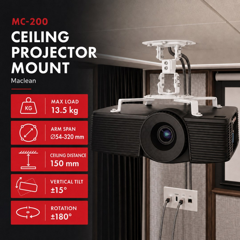 Maclean MC-200 W plafondbeugel voor projectoren, staal, 54–320 mm, tot 13,5 kg, wit