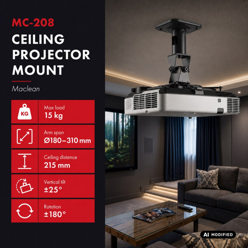 Maclean MC-208 B plafondbeugel voor projectoren, staal, 180–310 mm, tot 15 kg, zwart