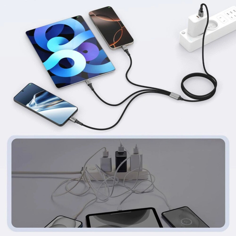 Tech-Protect UltraBoost DNA 3-in-1-kabel USB-A naar Lightning / USB-C / Micro-USB, 3 A, 120 cm, ijzergrijs