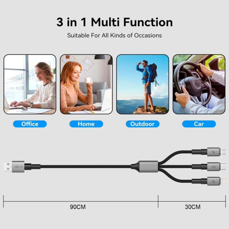 Tech-Protect UltraBoost DNA 3-in-1-kabel USB-A naar Lightning / USB-C / Micro-USB, 3 A, 120 cm, ijzergrijs