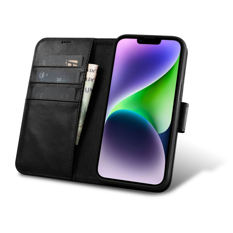 iCarer Oil Wax Wallet Case 2in1 leren klaphoesje voor iPhone 14 Plus, Anti-RFID, zwart (WMI14220723-BK)