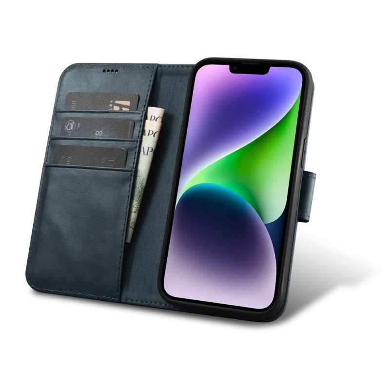 iCarer Oil Wax Wallet Case 2in1 leren klaphoesje voor iPhone 14 Plus, Anti-RFID, blauw (WMI14220723-BU)