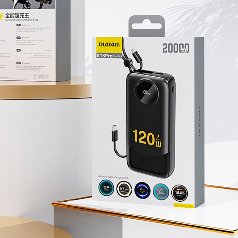 Dudao K13 10000 mAh powerbank met ingebouwde kabel, zwart