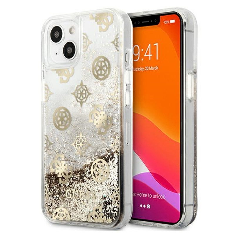 Guess GUHCP13SLGPEGO Apple iPhone 13 mini hardcase Peony Liquid Glitter, goud