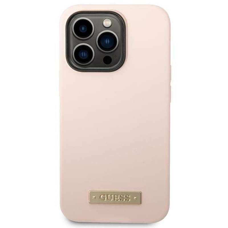 Guess Silicone Metal Logo MagSafe-compatibele hoes voor Apple iPhone 14 Pro, roze