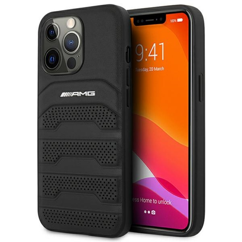 Mercedes-AMG AMHCP14LGSEBK Apple iPhone 14 Pro hardcase, Leather Debossed Lines, zwart